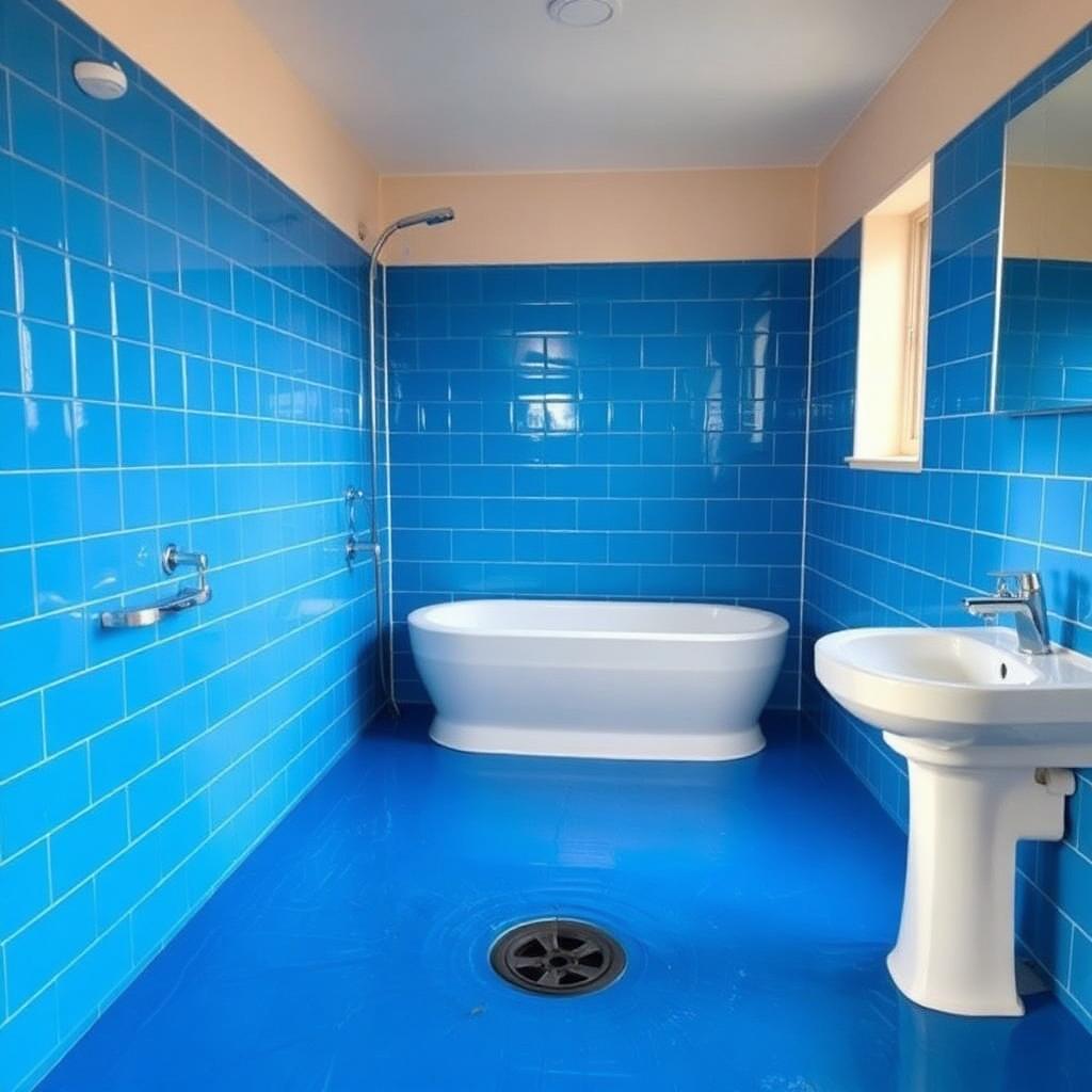 Waterproofing membrane applied across a bathroom floor and walls