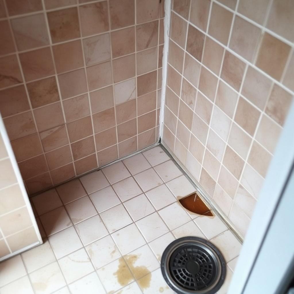 Tiled shower recess showing staining and grout wear before waterproofing repair
